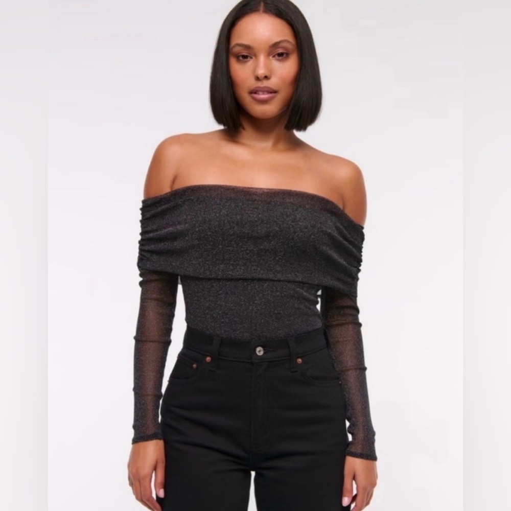 *NWT* Abercrombie & Fitch Sheer Sleeves Off-Shoulder Black Glitter Top
